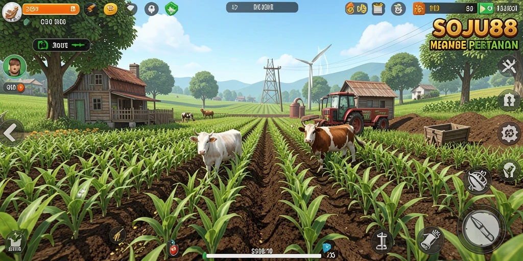 Screenshot gameplay SOJU88 menampilkan ladang pertanian yang subur dan aktif.